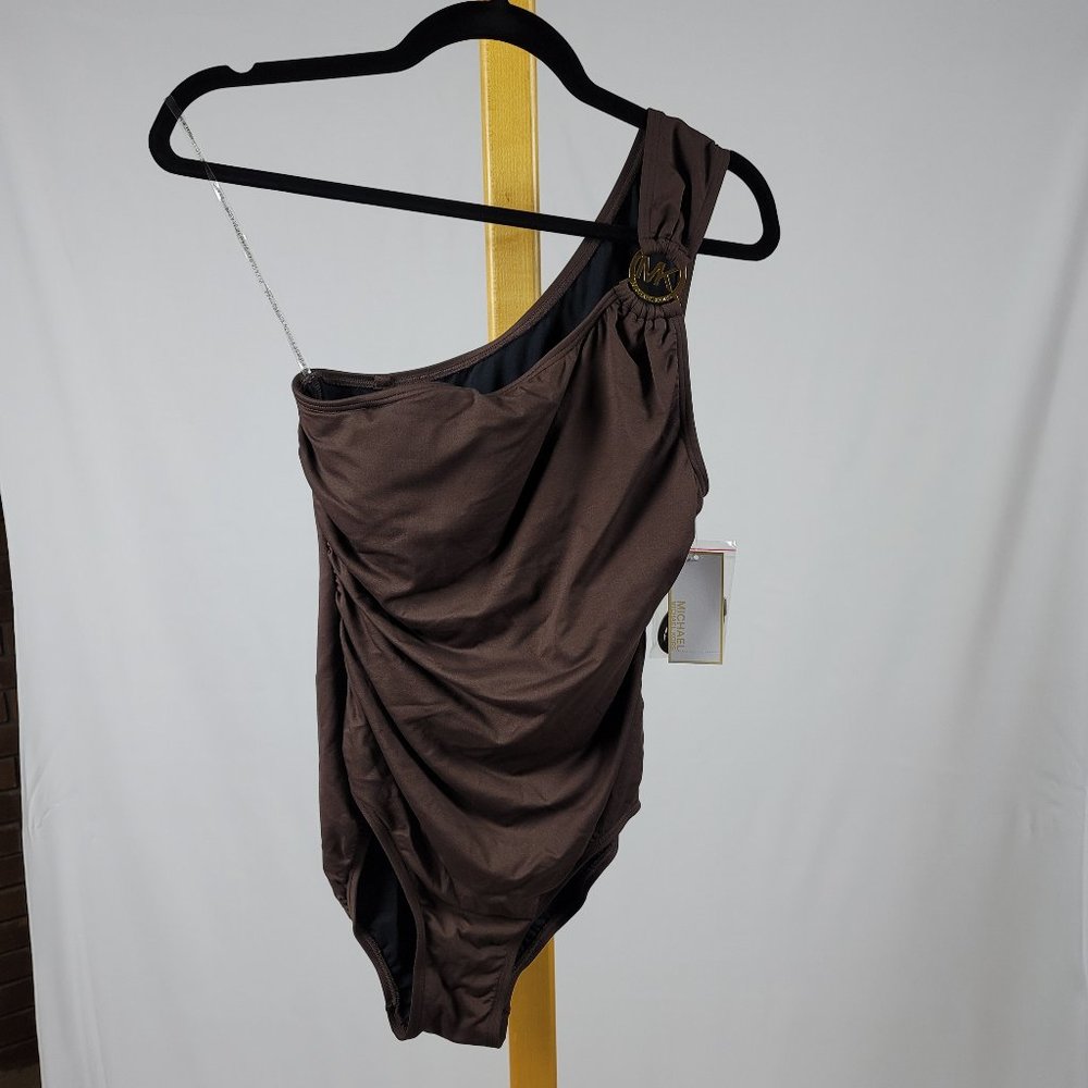 Michael Kors one shoulder brown swimsuit one-piece swim wear gold metal logo